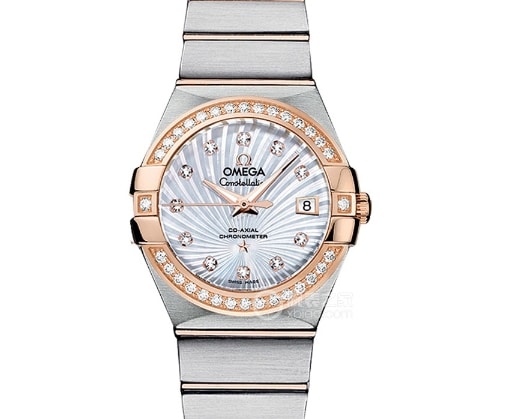 Constellation Omega 1:1 replica watches ring diamond white mother-of-pearl disk red gold and diamond ring steel band