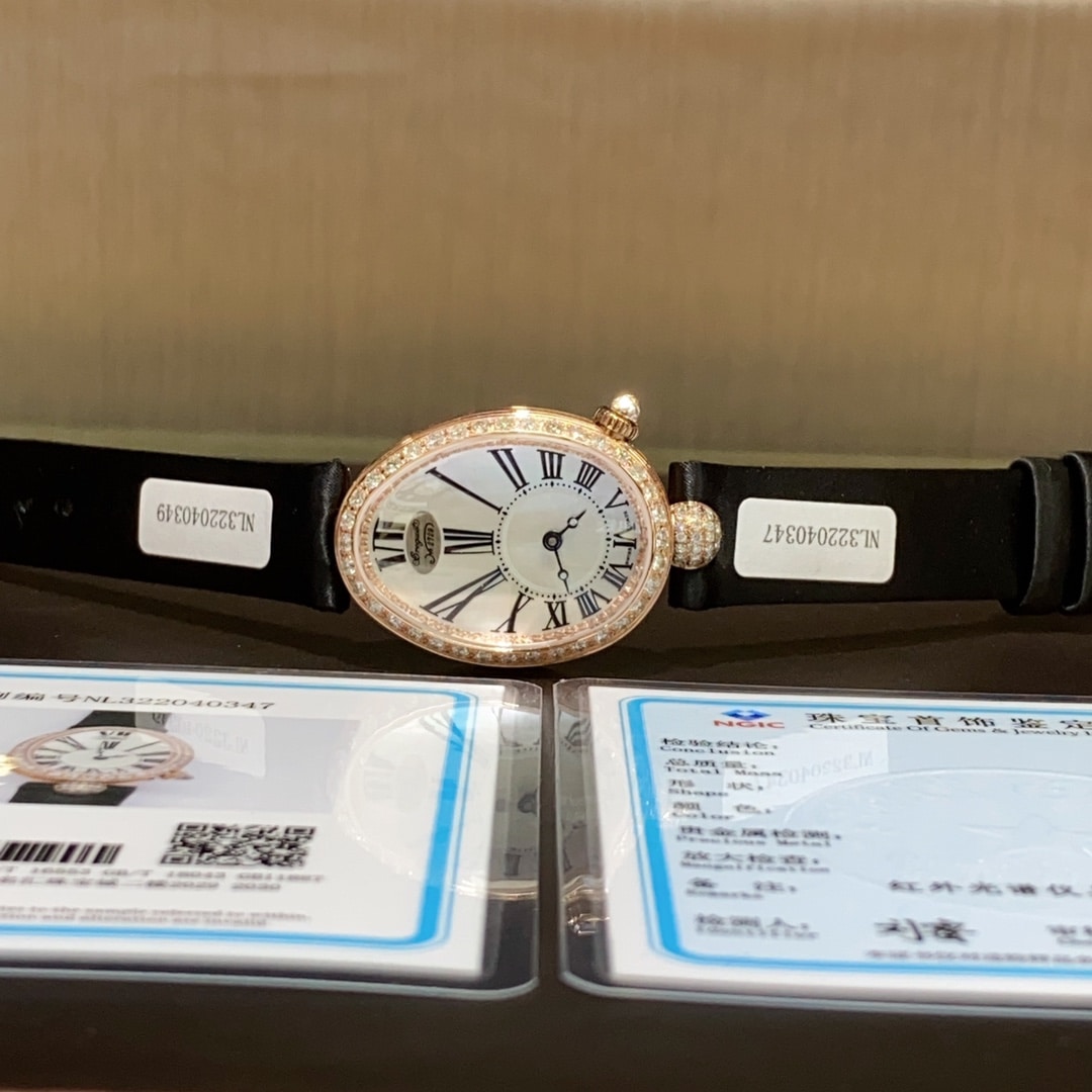 ZF那不勒斯王后宝玑1:1复刻手表女款银白珍珠母贝盘玫瑰金皮带款正面图