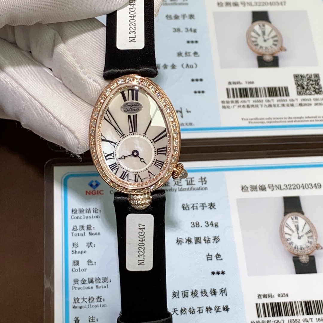 ZF那不勒斯王后宝玑1:1复刻手表女款银白珍珠母贝盘玫瑰金皮带款正面图