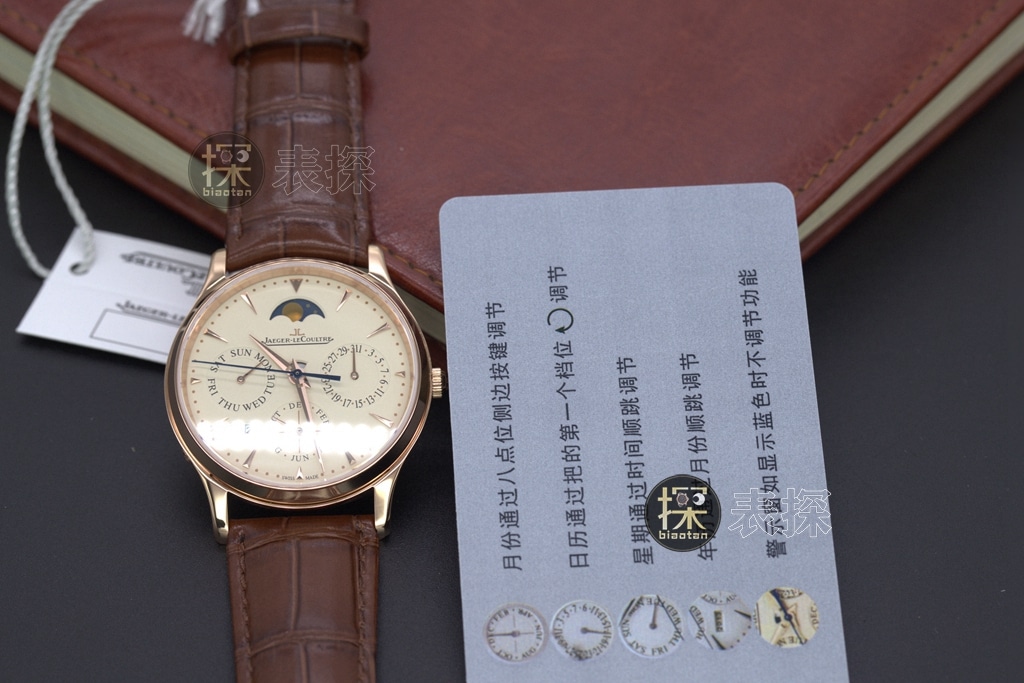 J万年历积家1:1复刻手表玫瑰金计时棕色皮表带正面图