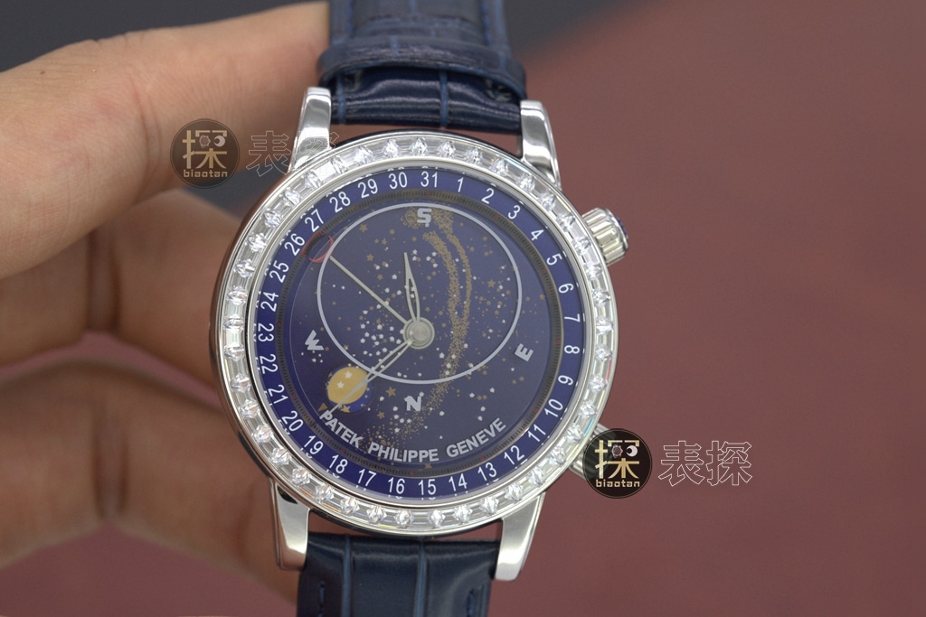 yl 满天星百达翡丽1:1复刻手表圈钻蓝盘蓝色皮表带正面图