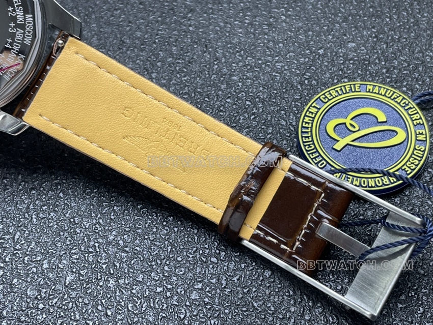 BLS厂百年灵航空计时一比一超A精仿银盘万年历皮带款表带实拍图