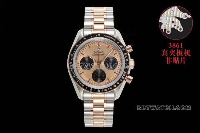 欧米茄超霸超A高仿粉金盘间金钢带款310.20.42.50.99.001正面实拍图