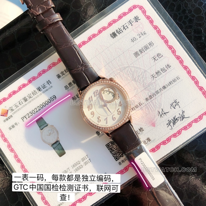 原单江诗丹顿伊灵女神一比一超A精仿白盘粉红金1205F/000R-B622正面实拍图