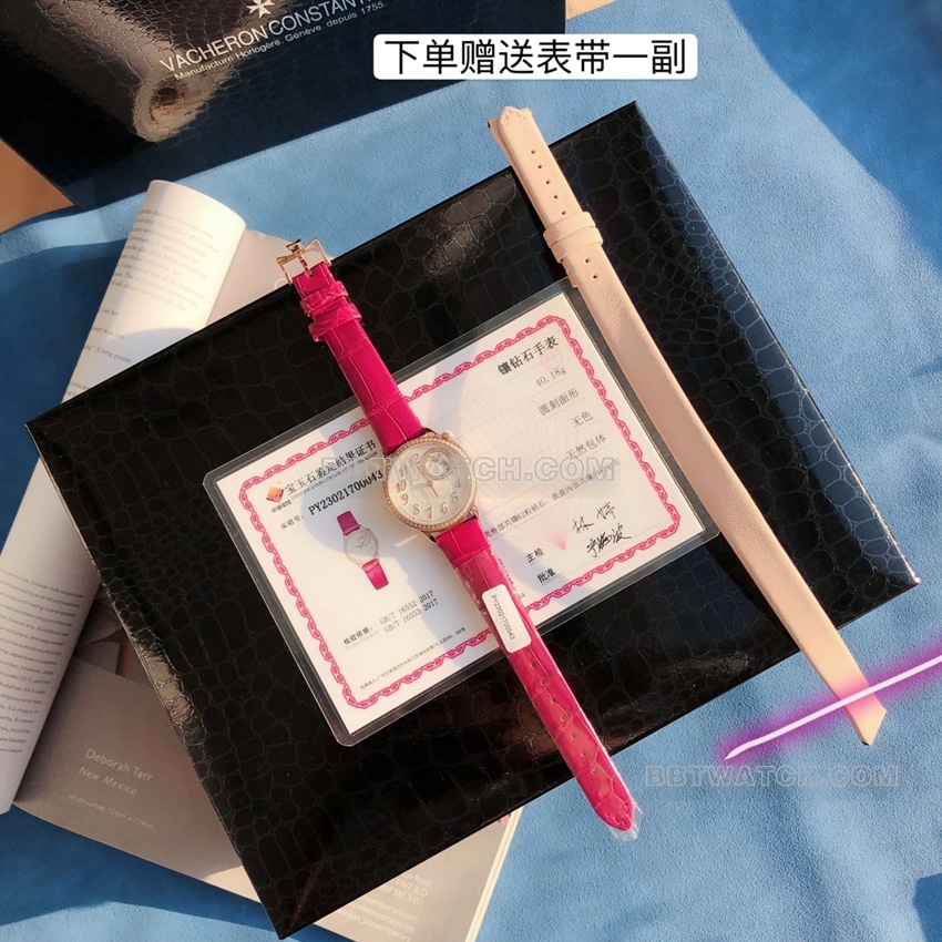 原单江诗丹顿伊灵女神一比一超A高仿白盘粉红金4605F/000R-B496正面实拍图