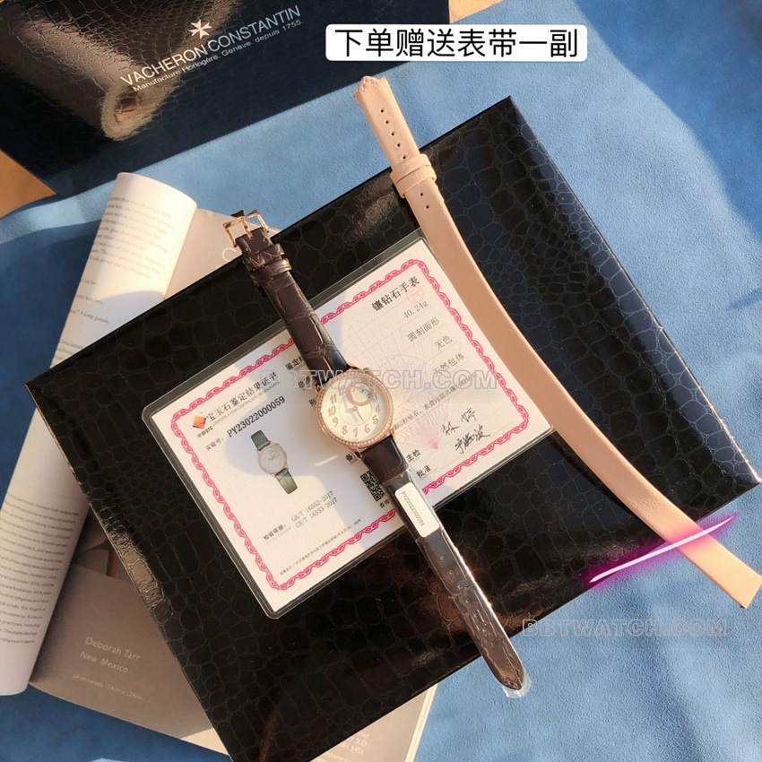 原单江诗丹顿伊灵女神一比一超A精仿白盘粉红金1205F/000R-B622正面实拍图
