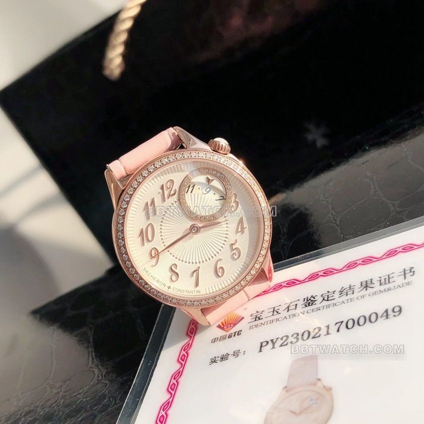 原单江诗丹顿伊灵女神超A高仿粉盘粉红金1205F/000R-B984正面实拍图