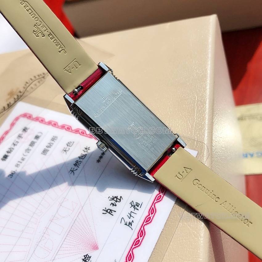 原单积家翻转腕表顶级复刻白盘红色皮带款3288420背面实拍图