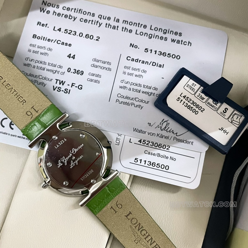 原单浪琴优雅顶级复刻绿盘钻圈皮带款L4.523.0.60.2背面实拍图