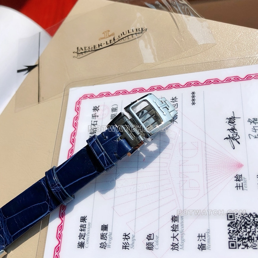 原单积家翻转腕表顶级一比一高仿白盘蓝色皮带款3288420表扣实拍图