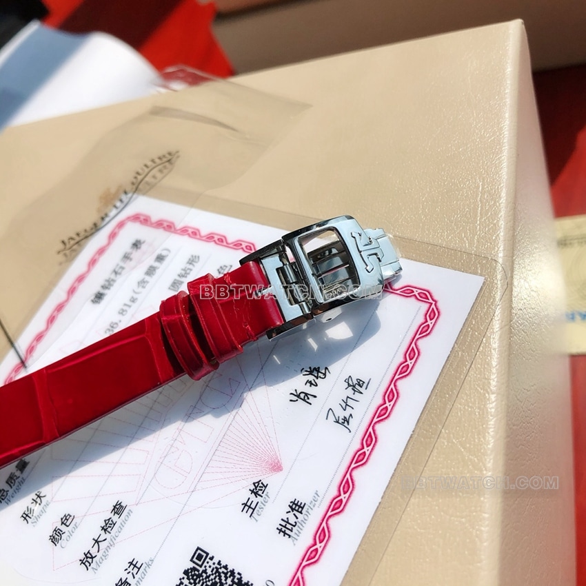 原单积家翻转腕表顶级复刻白盘红色皮带款3288420表扣实拍图