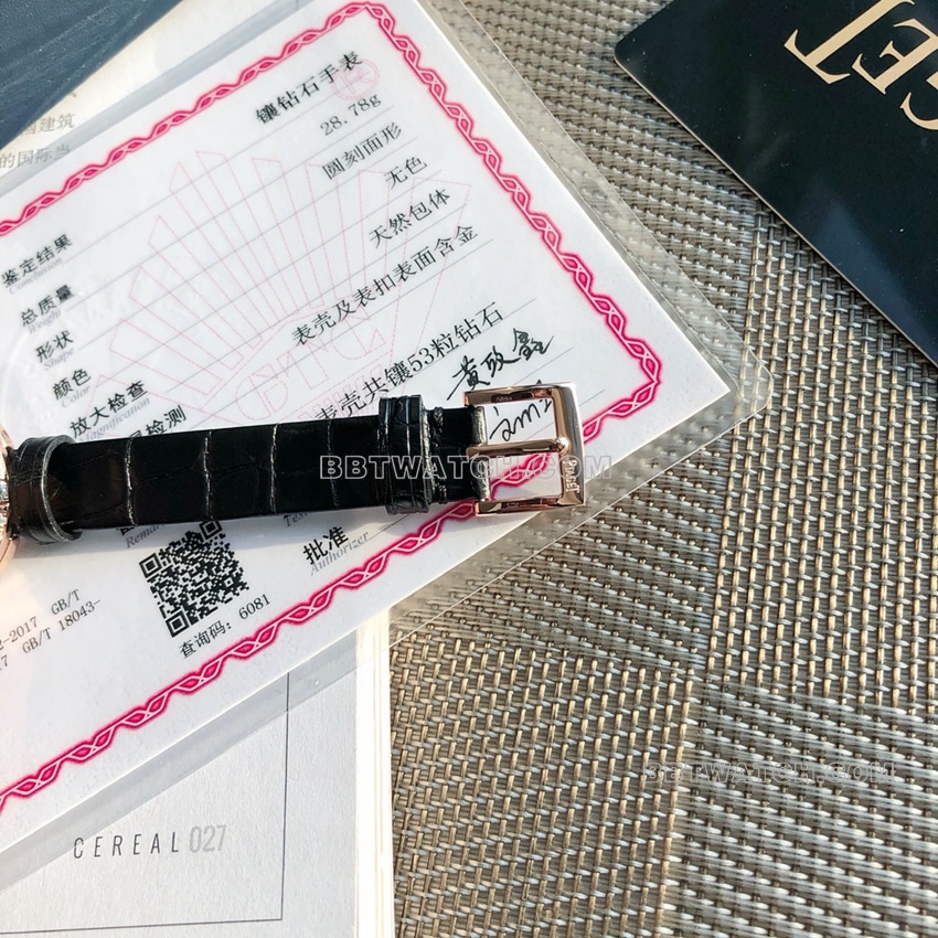 原单伯爵一比一顶级复刻银盘钻圈黑色皮带款G0A43092表扣实拍图