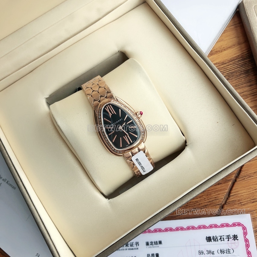 原单宝格丽顶级复刻黑盘钻圈玫瑰金钢带款103143正面实拍图