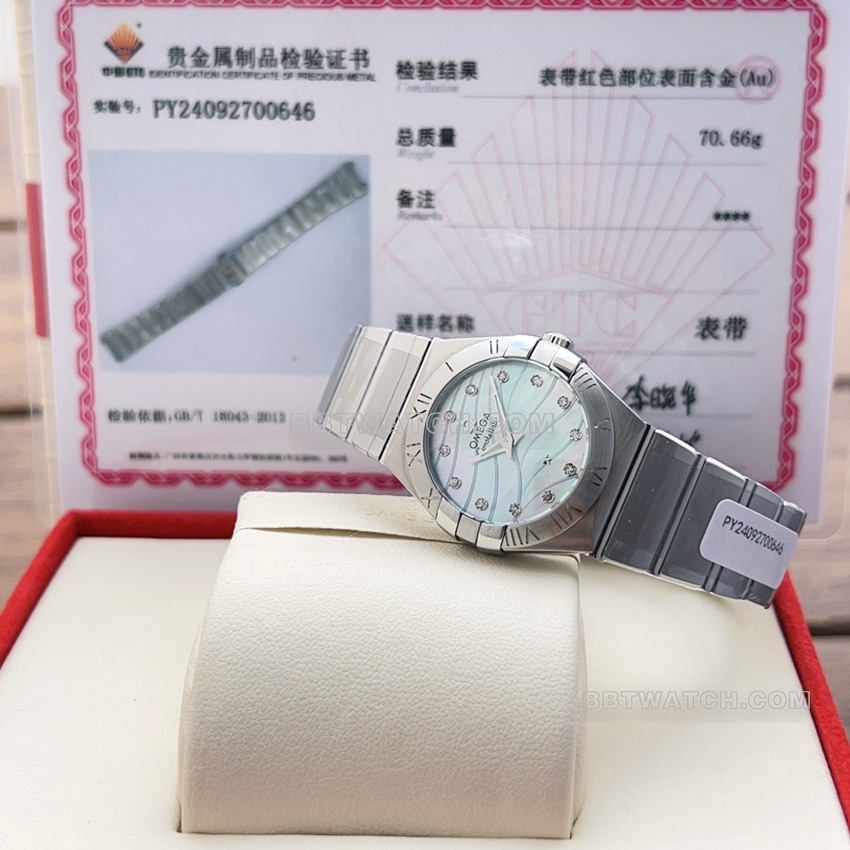 原单欧米茄星座一比一超A高仿蓝色珍珠贝壳盘123.10.27.60.57.001正面实拍图