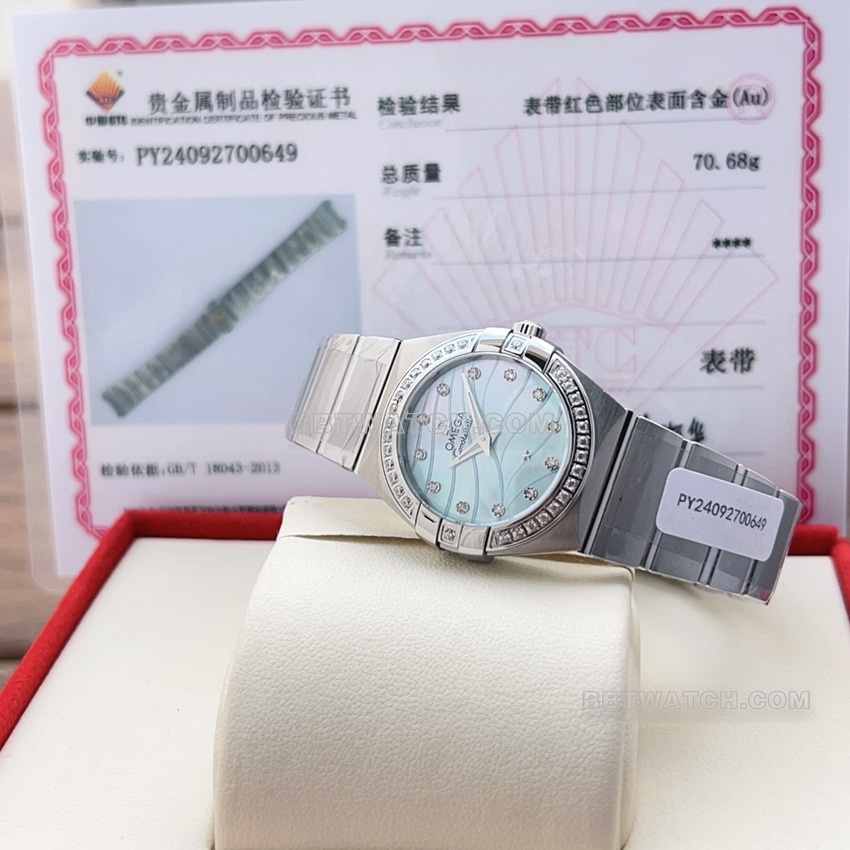 原单欧米茄星座一比一超A高仿蓝色珍珠贝壳盘123.10.27.60.57.001正面实拍图