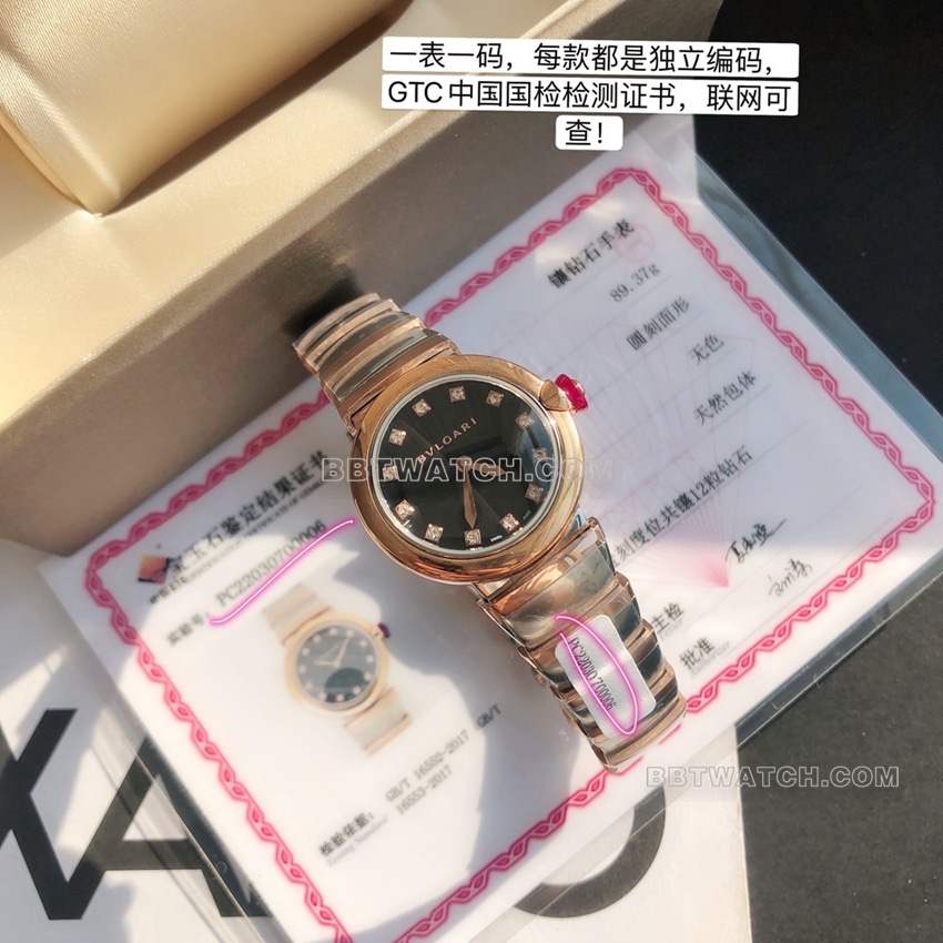 原单宝格丽顶级一比一高仿黑盘玫瑰金钢带款正面实拍图