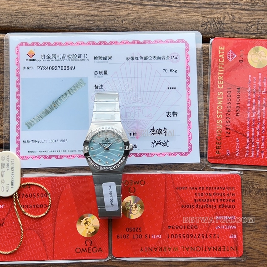原单欧米茄星座一比一超A高仿蓝色珍珠贝壳盘123.10.27.60.57.001正面实拍图