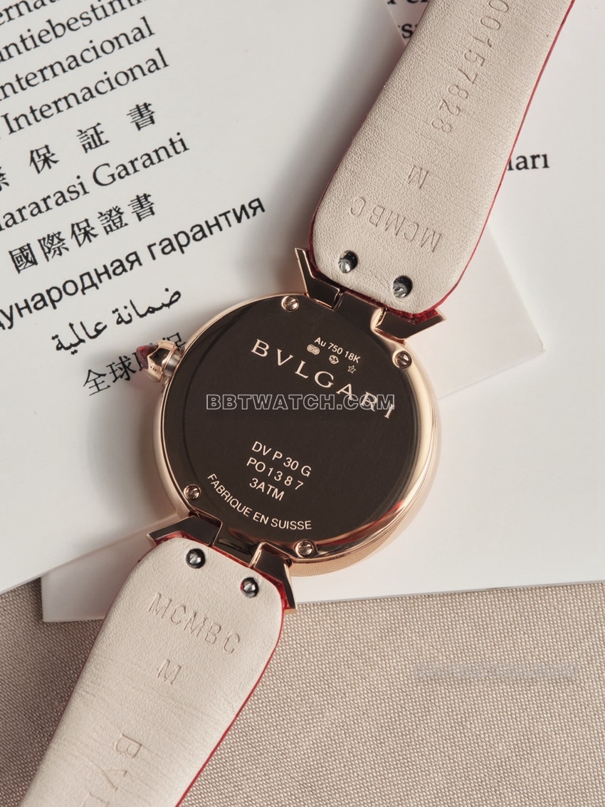 原单宝格丽顶级复刻白色醋酸纤维表盘玫瑰金皮带款102840背面实拍图