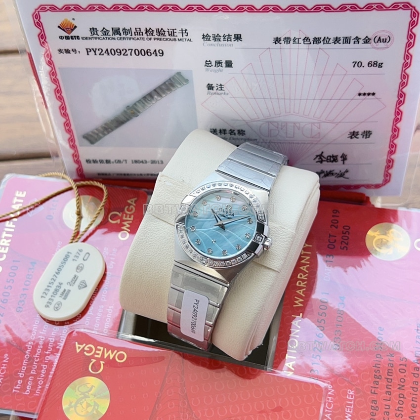 原单欧米茄星座一比一超A高仿蓝色珍珠贝壳盘123.10.27.60.57.001正面实拍图