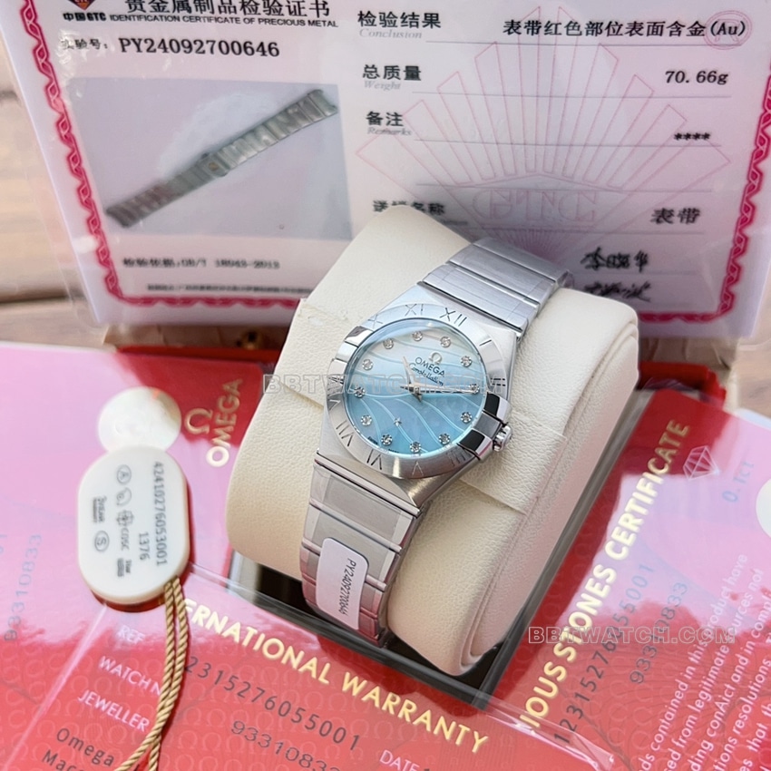 原单欧米茄星座一比一超A高仿蓝色珍珠贝壳盘123.10.27.60.57.001正面实拍图