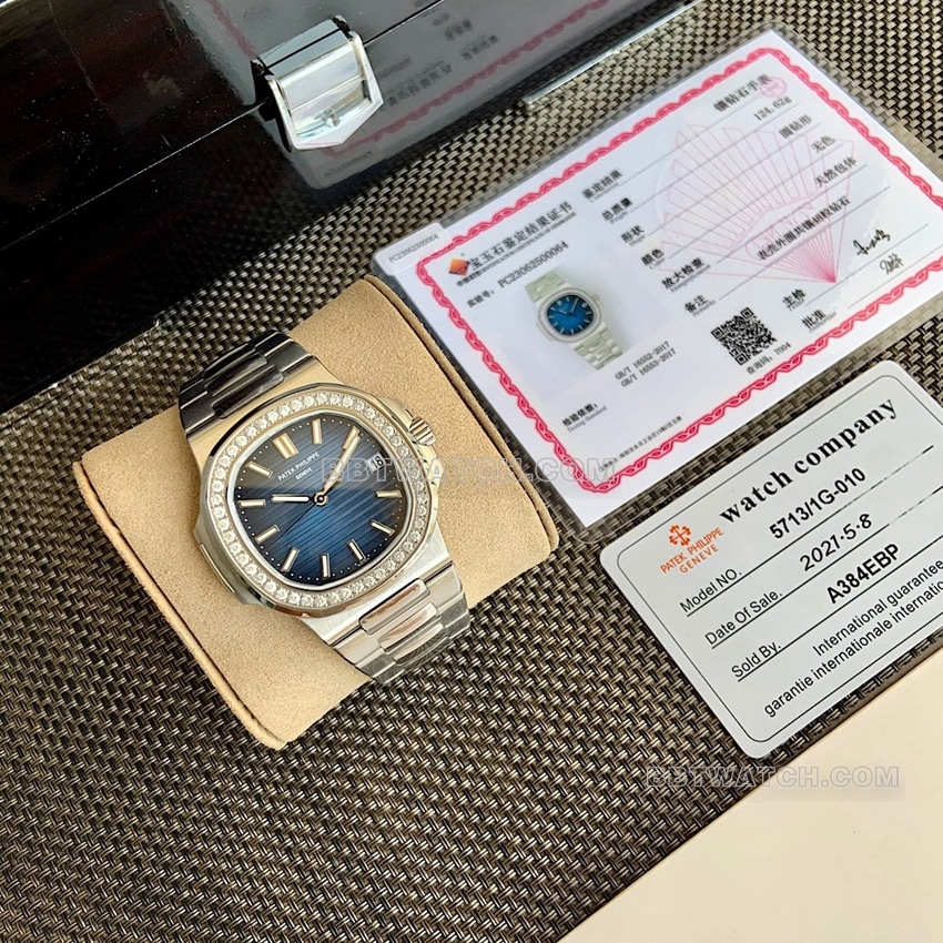 原单百达翡丽运动优雅顶级一比一高仿蓝盘钻圈5713/1G-010正面实拍图