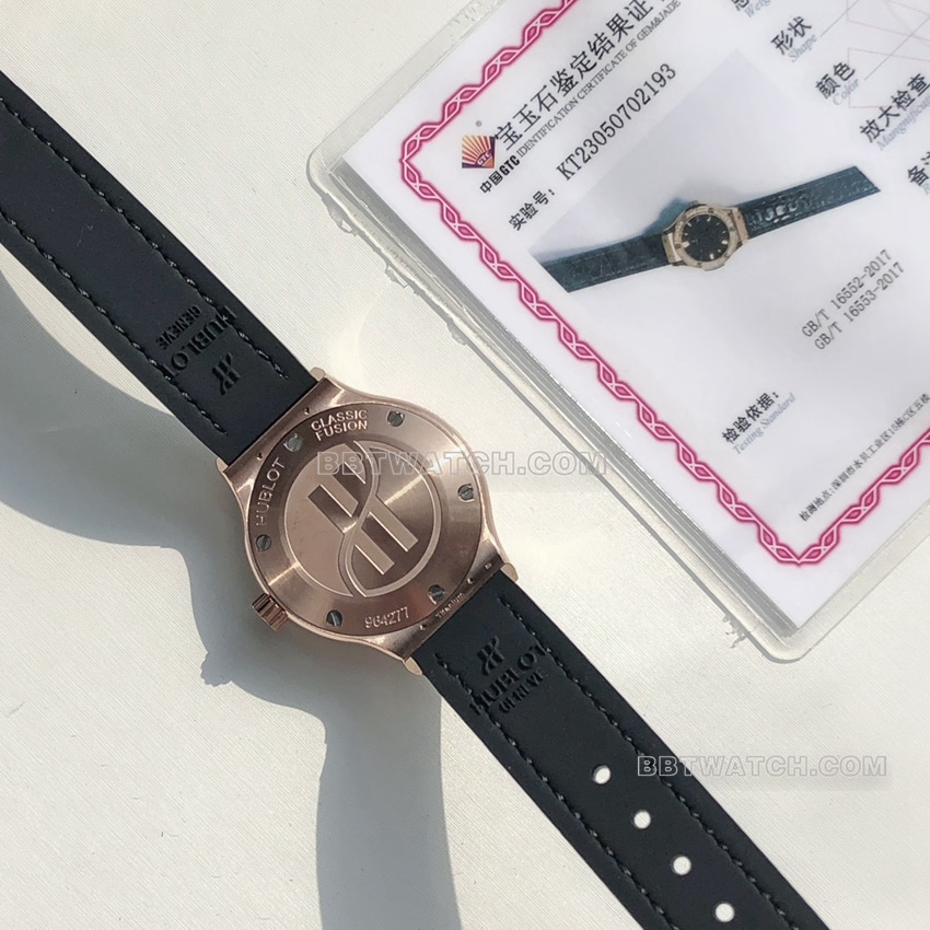 原单宇舶经典融合一比一超A高仿黑盘玫瑰金钻圈581.OX.1181.RX.1104背面实拍图