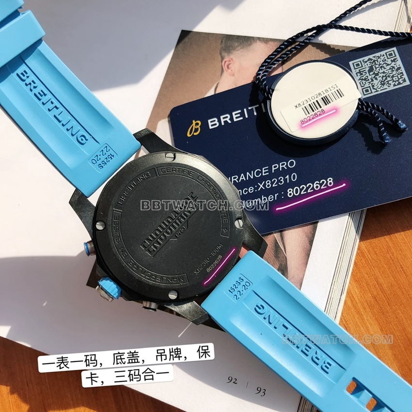原单百年灵专业一比一超A精仿黑盘蓝色橡胶款X82310281B1S1背面实拍图