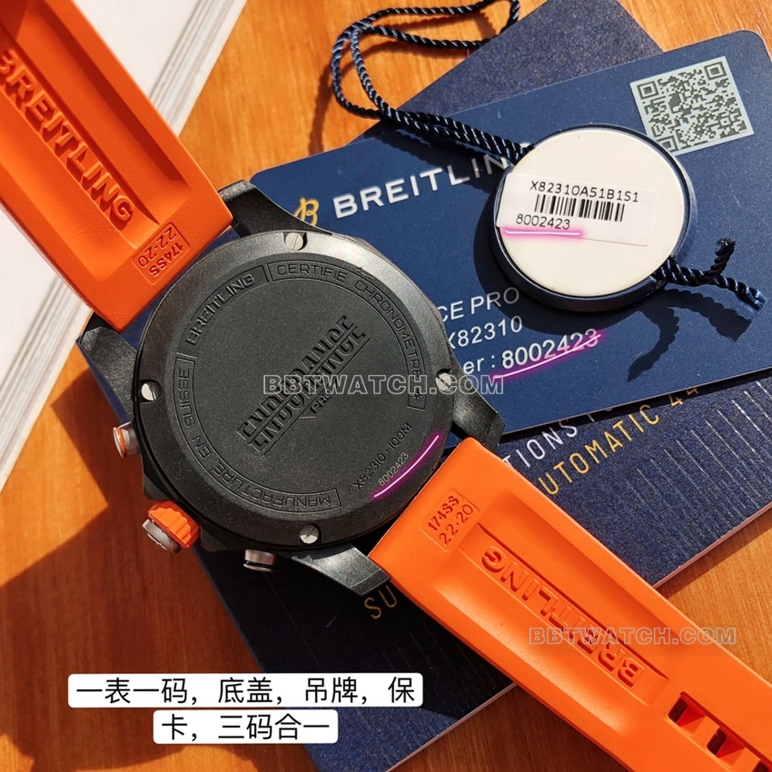 原单百年灵专业顶级一比一精仿黑盘橙色橡胶款X82310A51B1S1背面实拍图