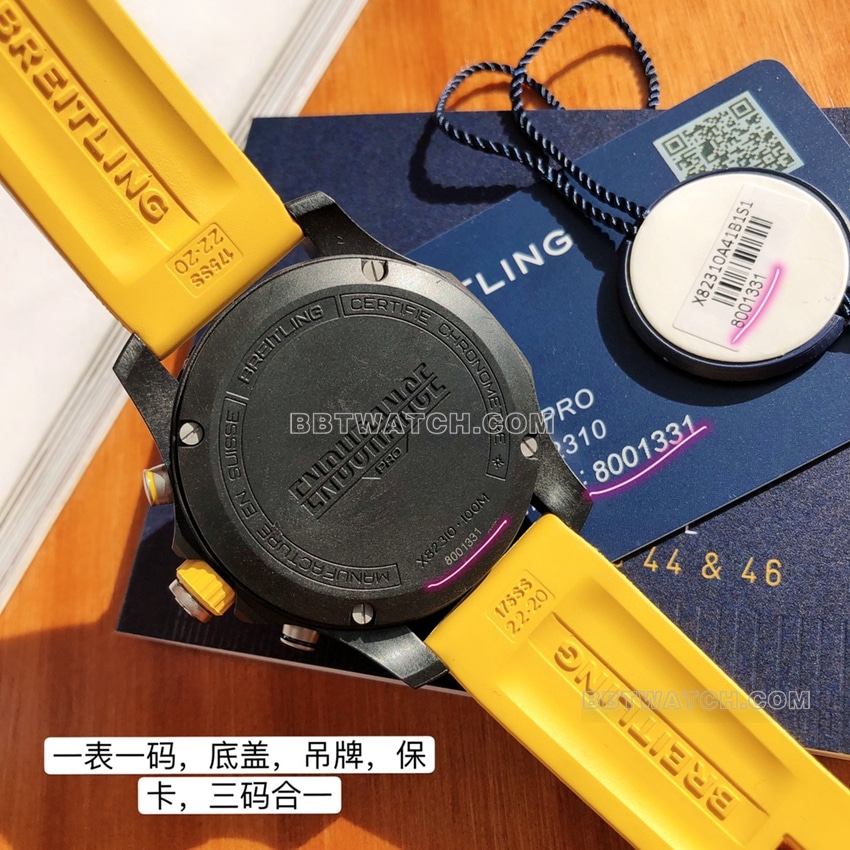 原单百年灵专业顶级一比一高仿黑盘黄色橡胶款X82310A41B1S1背面实拍图