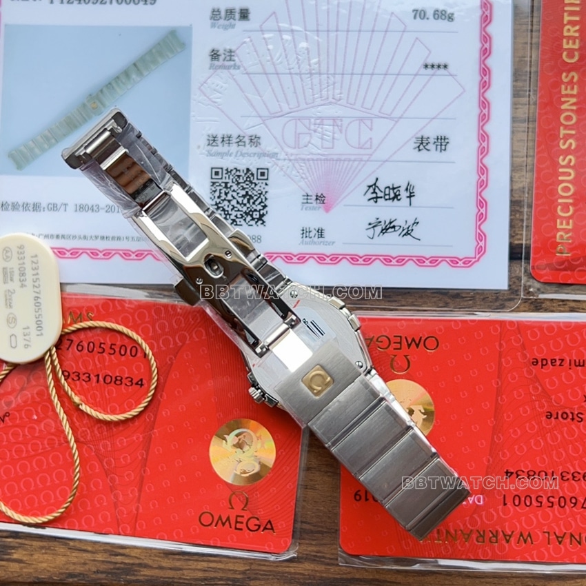 原单欧米茄星座一比一超A高仿蓝色珍珠贝壳盘123.10.27.60.57.001表扣实拍图