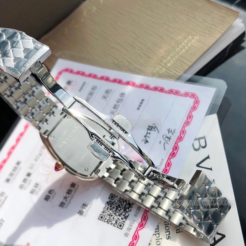 原单宝格丽顶级一比一精仿银白盘玫瑰金钻圈钢带款103143表扣实拍图
