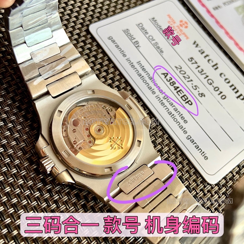原单百达翡丽运动优雅顶级一比一高仿蓝盘钻圈5713/1G-010背面实拍图