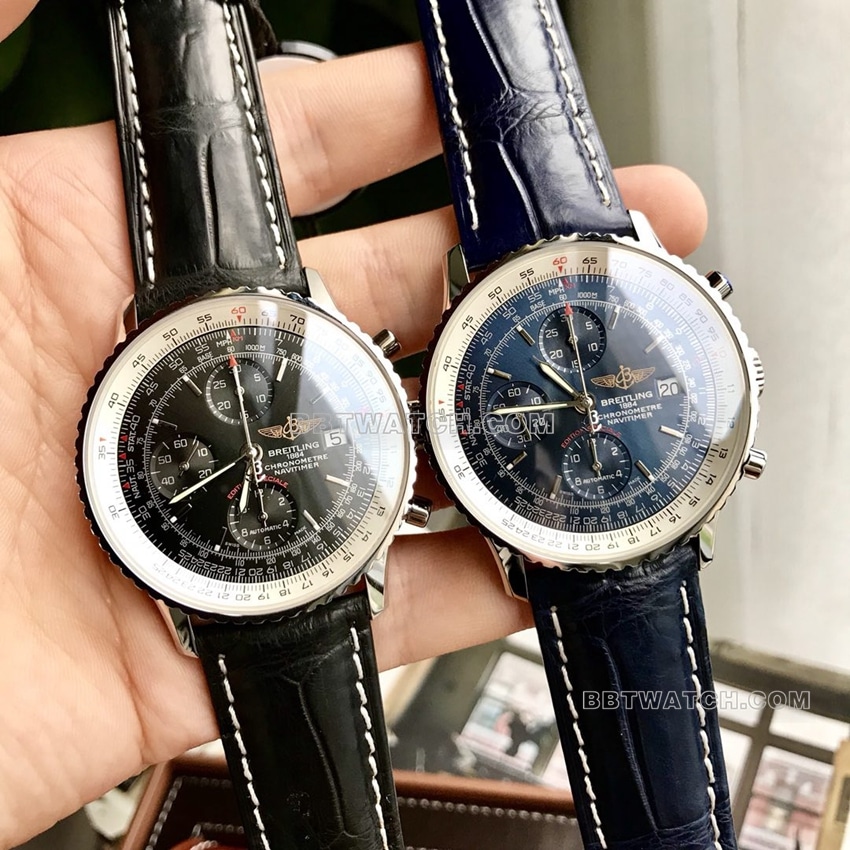 原单百年灵航空计时顶级复刻黑蓝盘皮带款A243221正面实拍图
