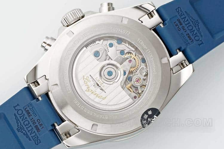 AF浪琴康卡斯顶级一比一高仿蓝色表盘橡胶款L3.835.4.91.2背面实拍图