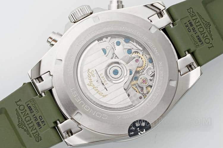 AF浪琴康卡斯顶级复刻银灰色表盘绿色橡胶款L3.835.4.02.9背面实拍图