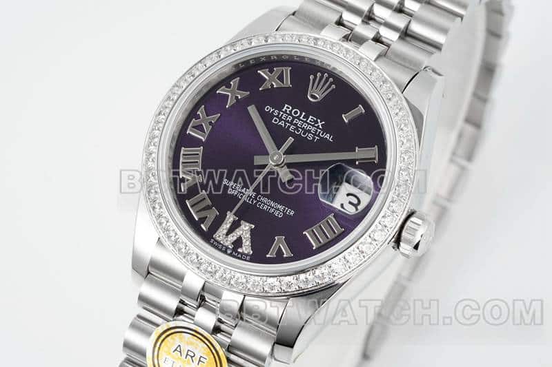 ARF厂劳力士日志顶级一比一精仿紫盘钻圈31mm五格链节278289正面实拍图