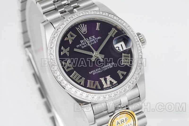 ARF厂劳力士日志顶级一比一精仿紫盘钻圈31mm五格链节278289正面实拍图