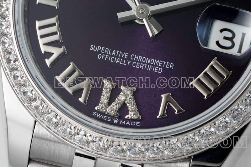 ARF厂劳力士日志顶级一比一精仿紫盘钻圈31mm五格链节278289正面实拍图