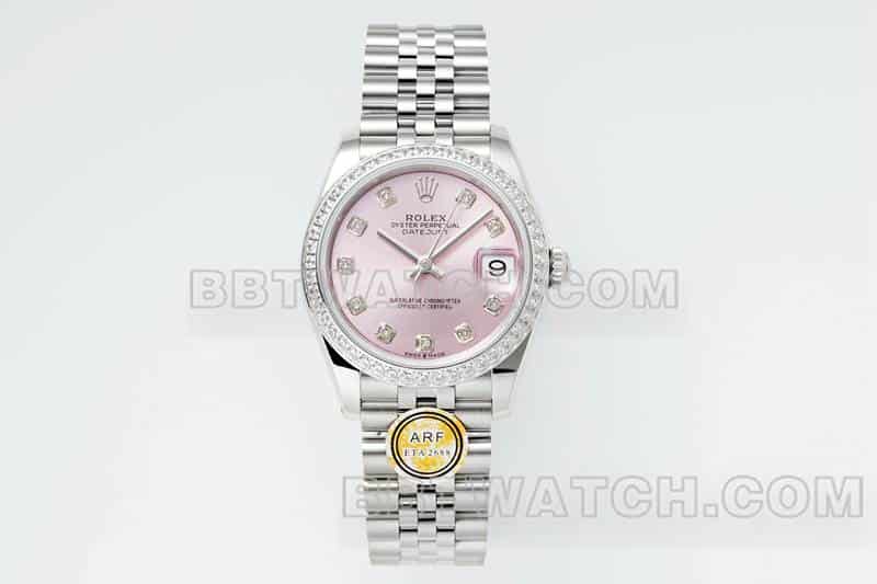 ARF厂劳力士日志顶级复刻粉盘钻圈31mm五格链节278289正面实拍图