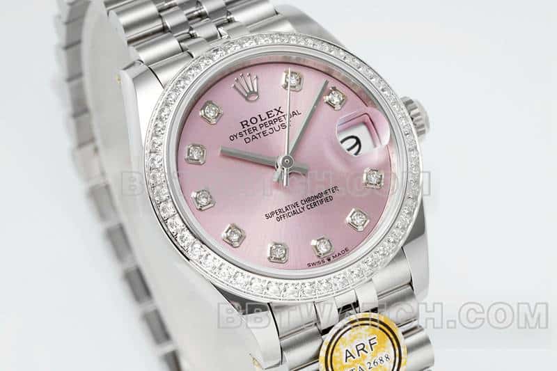 ARF厂劳力士日志顶级复刻粉盘钻圈31mm五格链节278289正面实拍图