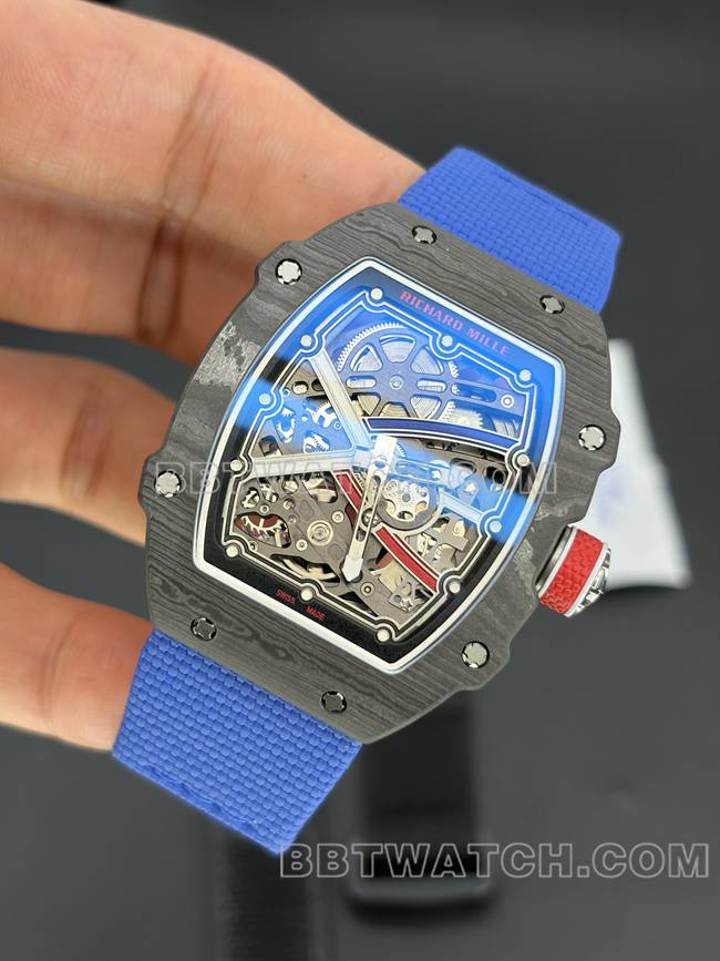 理查德米勒男士顶级复刻手表镂空盘黑壳机械RM67-02正面实拍图