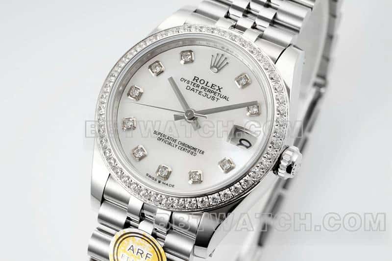 ARF Fabrik Rolex log top eins zu eins Nachahmung Perlmutt Scheibe Diamant Ring 31mm fünf Fächer Links 278384 vorne echtes Bild