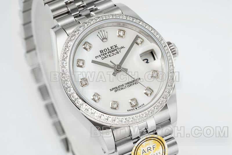 ARF Fabrik Rolex log top eins zu eins Nachahmung Perlmutt Scheibe Diamant Ring 31mm fünf Fächer Links 278384 vorne echtes Bild