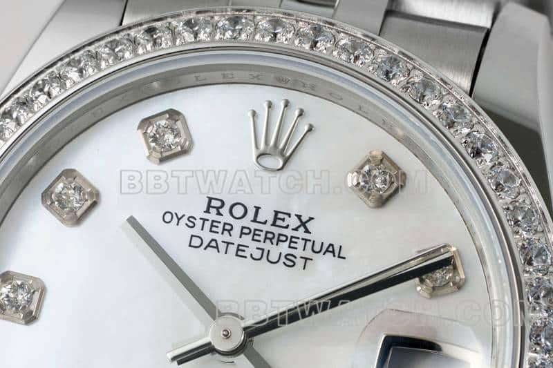 ARF Fabrik Rolex log top eins zu eins Nachahmung Perlmutt Scheibe Diamant Ring 31mm fünf Fächer Links 278384 vorne echtes Bild