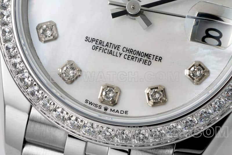 ARF Fabrik Rolex log top eins zu eins Nachahmung Perlmutt Scheibe Diamant Ring 31mm fünf Fächer Links 278384 vorne echtes Bild