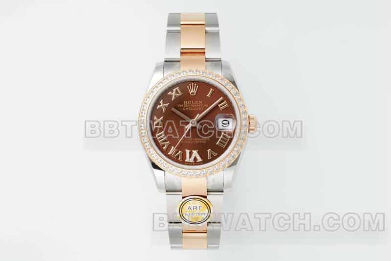 ARF厂劳力士日志顶级一比一高仿棕盘钻圈31mm间金三格链节278381正面实拍图