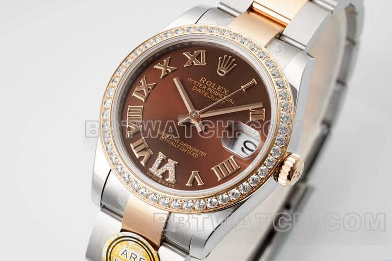 ARF厂劳力士日志顶级一比一高仿棕盘钻圈31mm间金三格链节278381正面实拍图