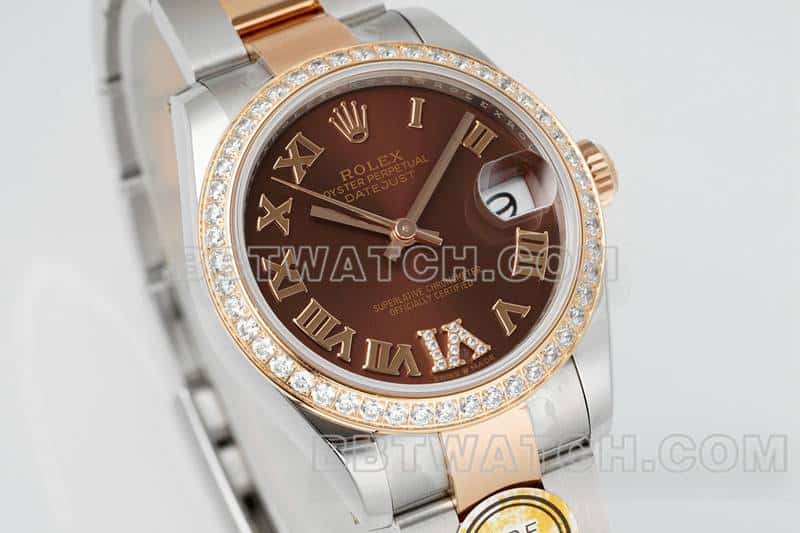 ARF厂劳力士日志顶级一比一高仿棕盘钻圈31mm间金三格链节278381正面实拍图