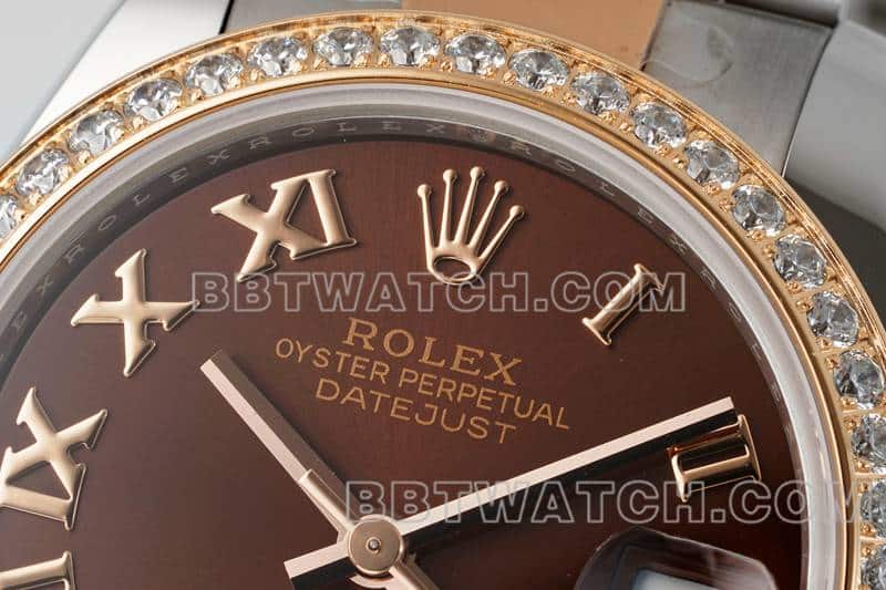 ARF厂劳力士日志顶级一比一高仿棕盘钻圈31mm间金三格链节278381正面实拍图