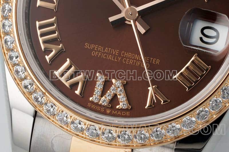 ARF厂劳力士日志顶级一比一高仿棕盘钻圈31mm间金三格链节278381正面实拍图